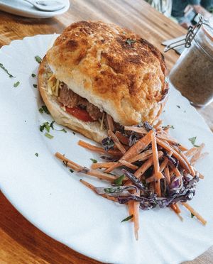 Vegan sausage, cheese, tomato & avocado breakfast tiger roll  at The Beet Box in Newquay
