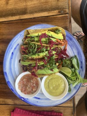 hibiscus flower/plantain tacos  at Yay Sustainable Restaurant Lodge in Magdalena