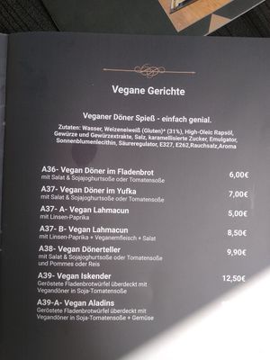 Vegane Speisekarte at Aladin's in Ulm