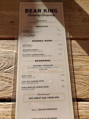 Bar menu at Bear King Brewing Company in Marble Falls