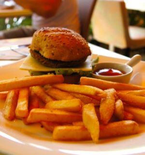 vegan burger with french fries!!  at Loving Hut in Menton