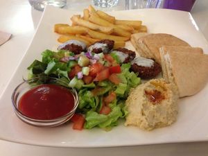 Falafel, hummus and salad with fries at Loving Hut in Menton