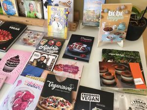 Vegan books  at Loving Hut in Menton