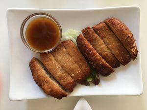 Pan-fried soy  at Loving Hut in Menton