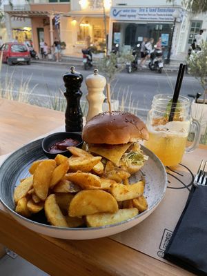 Vegan beyond meat burger at The Finch in Santorini