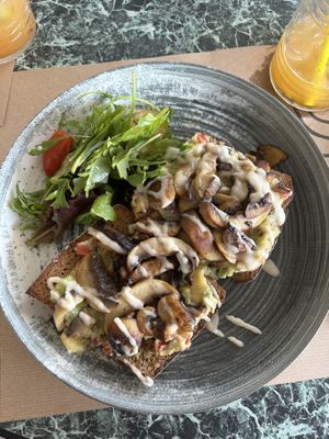 Vegan toast with mushroom and avocado  at The Finch in Santorini