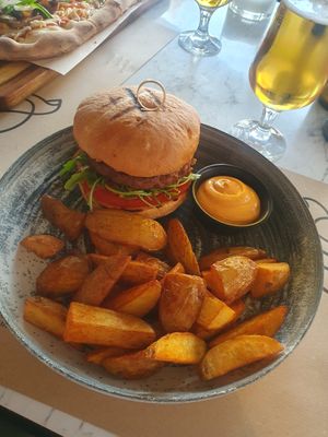 Beyond meat veg burger at The Finch in Santorini