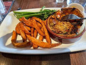 Vegetable tart with sweet potato fries and brocolini    at Cuan Mor in Oban