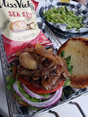 Beyond burger topped with caramelized onions & mushrooms, edamame with Old Bay seasoning at Foxy's Harbor Grille in St Michaels