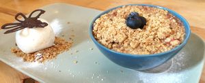 Berry crumble and ice cream at Meat is Dead in Leeds