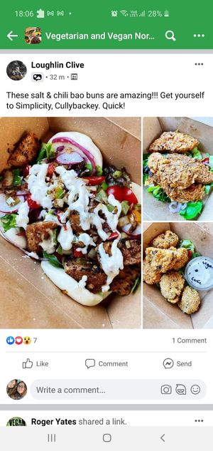 Salted chilli tofu bao bun, homemade "chicken " goujons & garlic mushrooms at Simplicity in Cullybackey