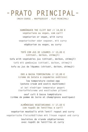 Veg menu at Avista Restaurant in Funchal