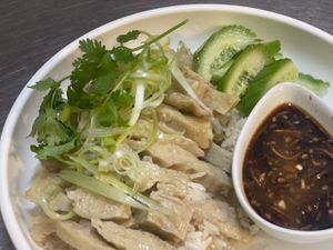 VEGAN Version 
"Hainanese chicken rice" ~ Chinese
"Kao Man Kai" ~ Thai
"Chicken Rice" ~ Singapore, Malaysia
Is a dish of chicken and seasoned ginger rice, served w cucumber at Taste of Asia Shellharbour  in Shellharbour