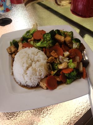 Special order vegan cashew nut stir fry at Vegan Thai Co in Longmont