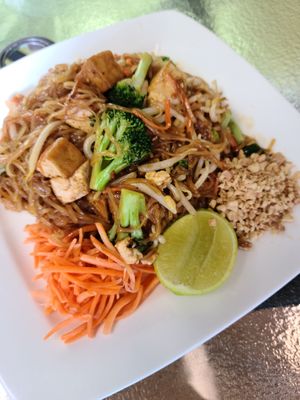 Pad thai with broccoli added at Vegan Thai Co in Longmont