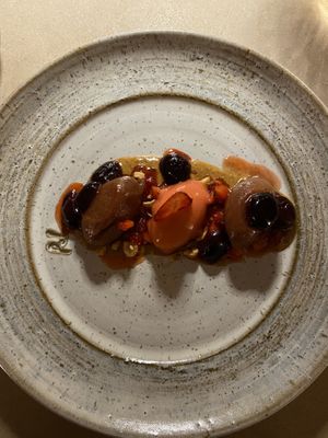 Vegan dessert (cherry and strawberry gelato, with hazelnut crumble) at Pelegrini in Sibenik