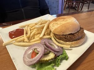 Beyond burger with a side of fries  at Cowboy Cafe in Sheridan