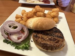 Beyond burger with a side of tater tots  at Cowboy Cafe in Sheridan