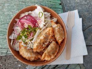 Japche rice combo with dumplings at KSF (Korea Street Food) in Ljubljana