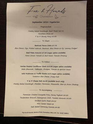 Menu at The Fox and Hounds in Charwelton