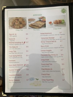 Appetizer section of menu at Asian Vegan Bistro in Bakersfield