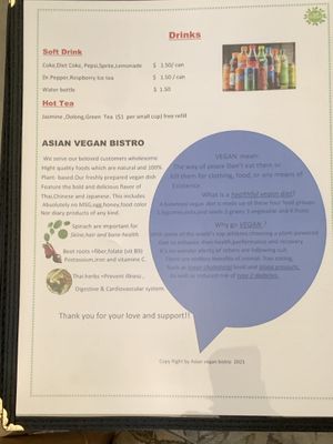 Drink and about us section of menu at Asian Vegan Bistro in Bakersfield