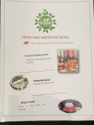 Drink and smoothie bowl section of menu at Asian Vegan Bistro in Bakersfield