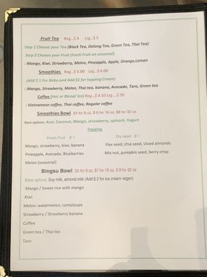 Additional drinks and smoothie bowl section of menu at Asian Vegan Bistro in Bakersfield