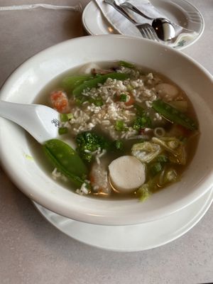 Sizzling rice soup!  With much fish balls! at Asian Vegan Bistro in Bakersfield