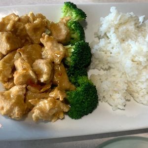 Orange chicken with broccoli and white rice  at Asian Vegan Bistro in Bakersfield