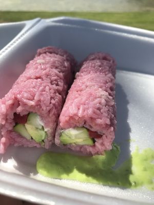 Beet Sushi: it’s so pretty but the rice wasn’t sushi rice. It was very plain.  at Asian Vegan Bistro in Bakersfield