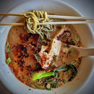 Spicy Creamy Soy Milk Ramen 🍜 at Asian Vegan Bistro in Bakersfield