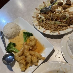 chowmein with beef and orange chicken (halfway eaten lol)  at Asian Vegan Bistro in Bakersfield