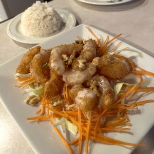 honey walnut shrimp (delicious)  at Asian Vegan Bistro in Bakersfield