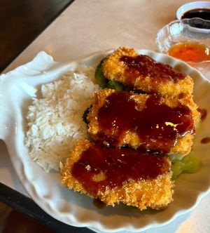 Deep fried tofu served atop broccoli and rice at Asian Vegan Bistro in Bakersfield