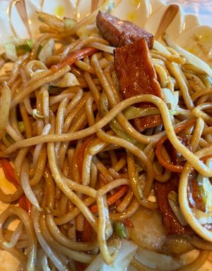 Chow mein with ham at Asian Vegan Bistro in Bakersfield