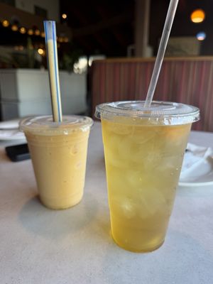 Mango smoothie and green tea with mango  at Asian Vegan Bistro in Bakersfield