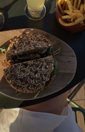 vegan burger option and fries at Three House Hotel & Gastrobar in Funchal