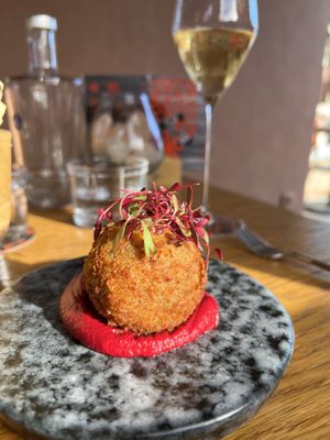 Vegan bomb (Beyond Meat on beetroot hummus )  at Three House Hotel & Gastrobar in Funchal