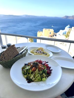 Santorini salad without cheese and fava bean hummus  at Lotza in Santorini