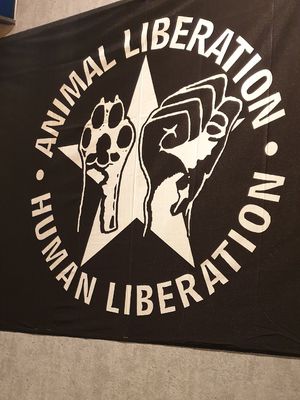 Animal Liberation flag in the restaurant at Front Food in Vienna