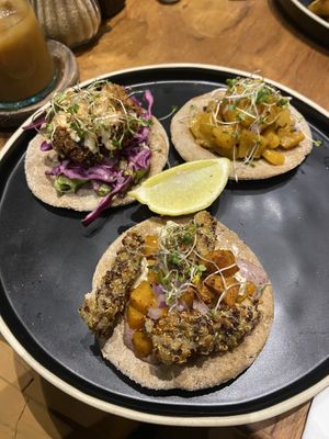 Taco Tuesday. “Fish” made from cauliflower and nori 5/10. Al pastor mushrooms with grilled pineapple, finally something with some taste! 7/10, avocado “tempura” 6/10.  at NIYA in Casablanca