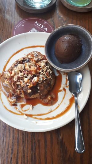Warm choc chip cookie with chocolate ice cream at NIYA in Casablanca