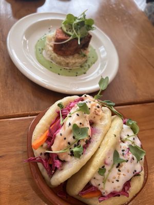 Duo of baos and Baked tofu with cauliflower couscous (both vegan)  at NIYA in Casablanca