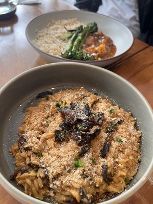 Orange Tofu with rice and greens and Mushroom Orzo Pasta (both vegan)  at NIYA in Casablanca