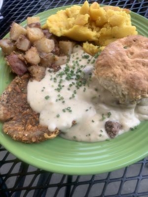The cardiac arrest! The biscuits are fantastic & I love the portobello “chick’n" fried steak  at The Paisley Cafe in Orangevale