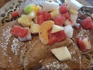 Vegan pancakes and fruit at El Patio in Tarifa