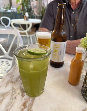 My lemonade (made sour) and beer  at Jacques in San Miguel De Allende