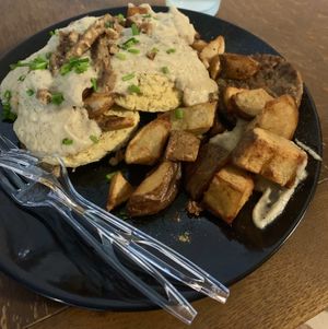 Biscuits and gravy with sausage and potatoes  at Your Local Seitanist in Chattanooga