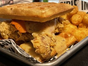 Chikun Waffles with Bakun and tater tots . at Your Local Seitanist in Chattanooga